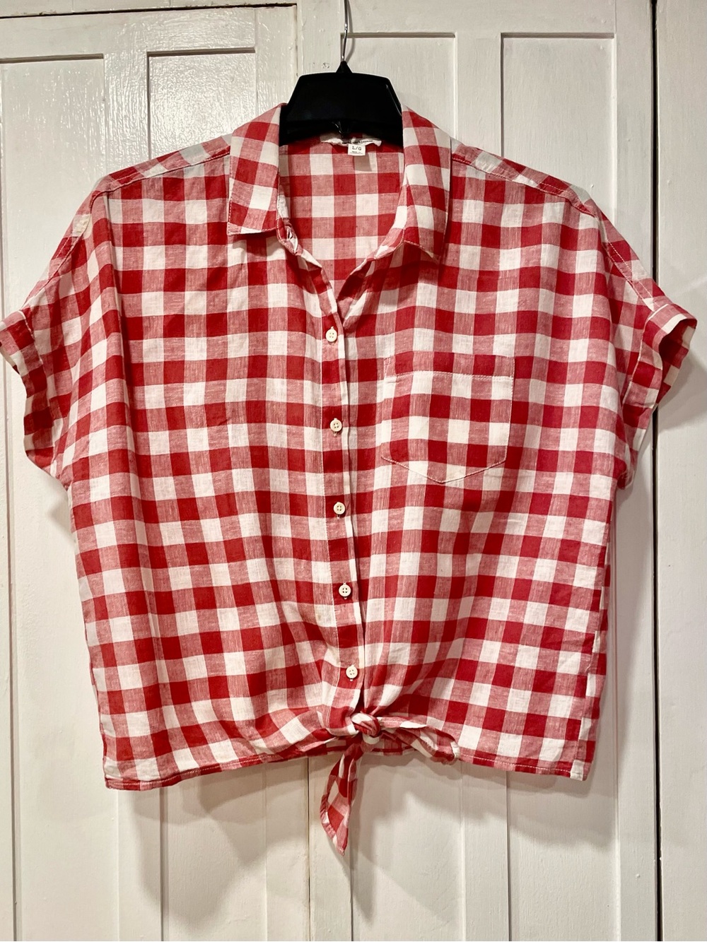 BeachLunchLounge Red & White Gingham Linen Blend Tie Front Top Size Large